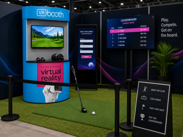 Illustrative Bryght VR golf setup with a booth and virtual course display